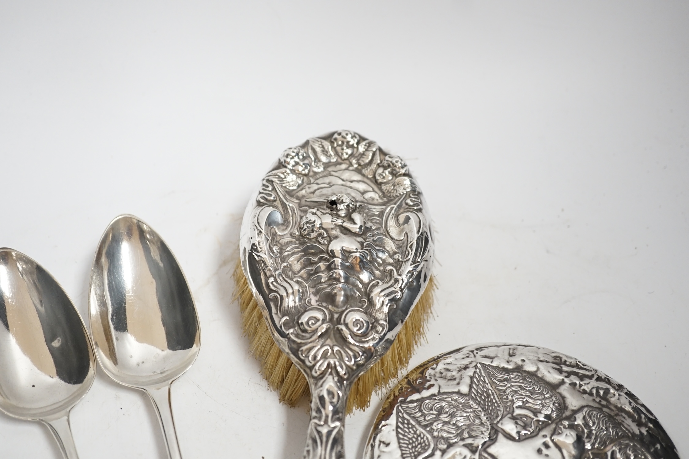 Sundry silver including a pair of George III silver Old English pattern table spoons, by Peter & William Bateman, a novelty silver ring-holder modelled as a scarecrow, a pair of grape shears, cockerel seal, small Mr. Pun